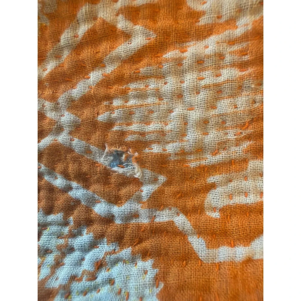 Pillow Cover Orange Kantha Stitch Vintage‎ Hand Stitched Bohemian Square